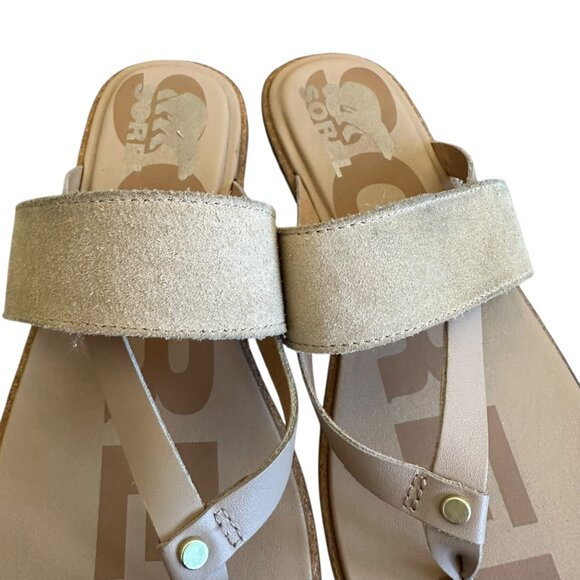 Sorel Ella II Slip-On Flip Flop Sandals Suede Leather Neutral Tan Size 8 Women's - Picture 4 of 11